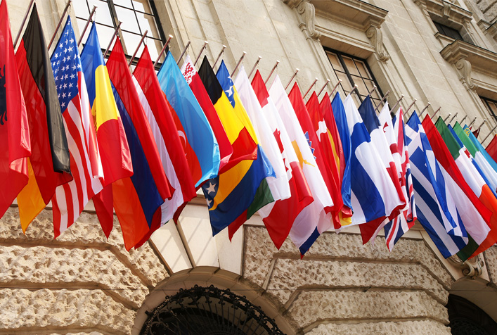 Photo of many OECD member country flags on the face of a building