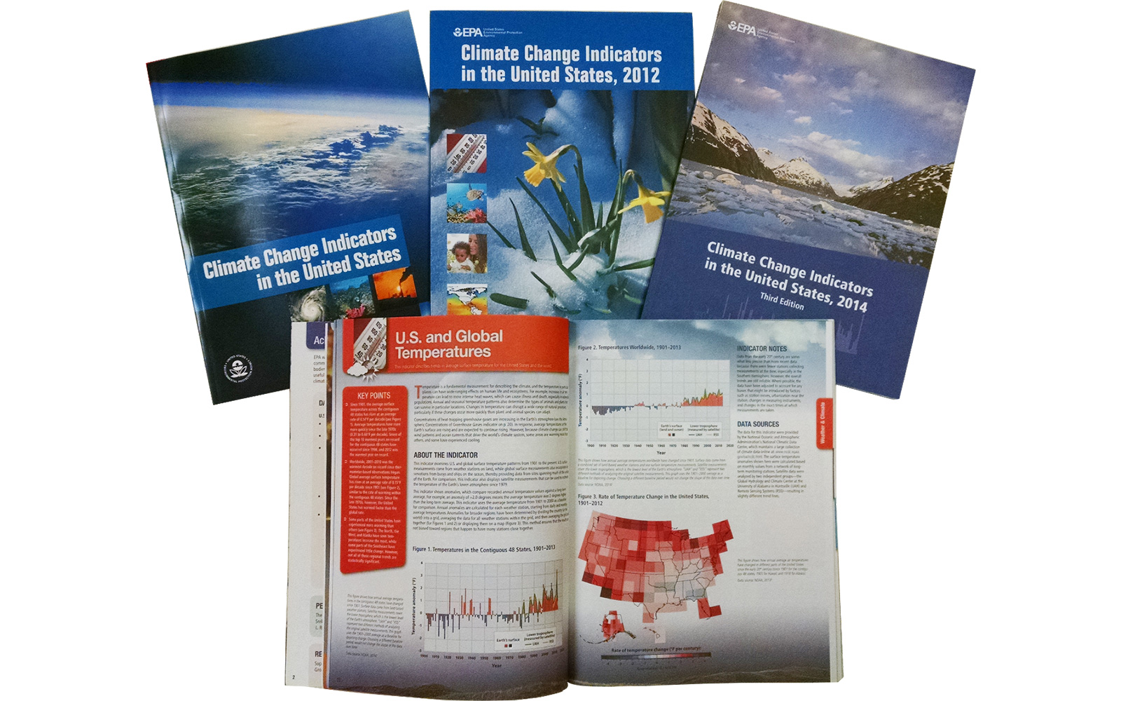 Covers and/or pages from several EPA "Climate Change Indicators in the United States" publications