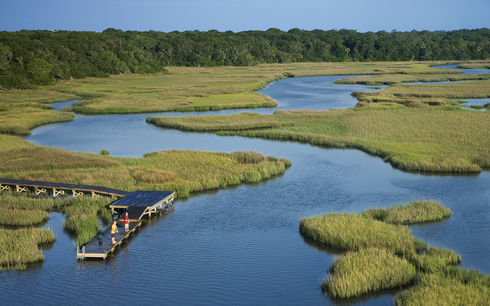 Aerial view of wetlands, with two people standing on a dock and trees in the background. 