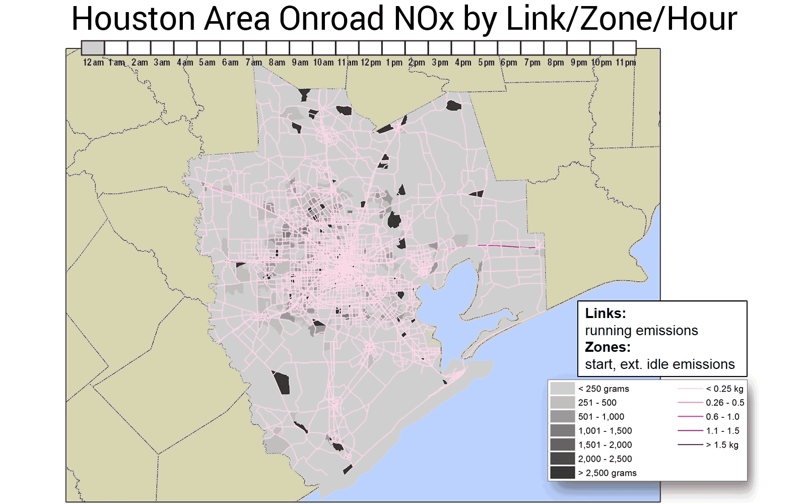 Output of Spatial Emissions Estimator model that uses color coding to show Houston area onroad vehicle nitrous oxides emissions by links, zone, and hour on a GIS map of the area
