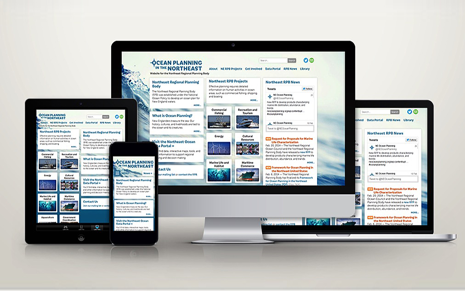 Homepage of the Northeast Regional Ocean Council's "Ocean Planning in the Northeast" website, as shown on a tablet, mobile phone, desktop, and laptop computer