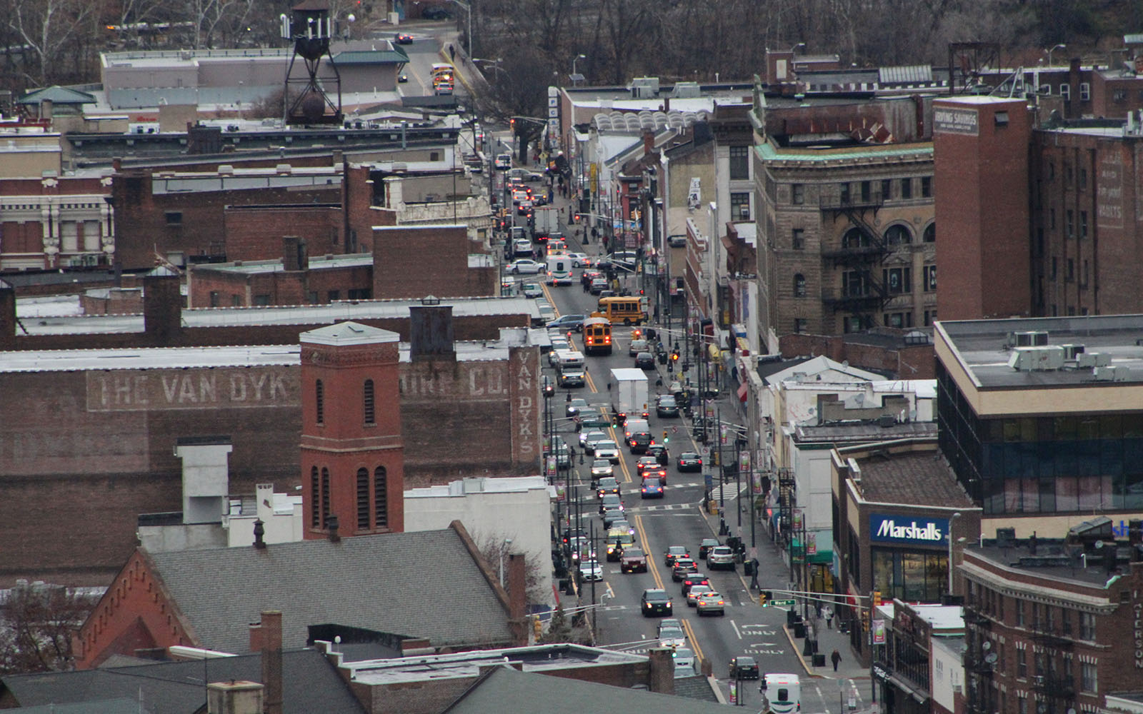 Photo from above looking down onto a street in downtown Paterson, New Jersey