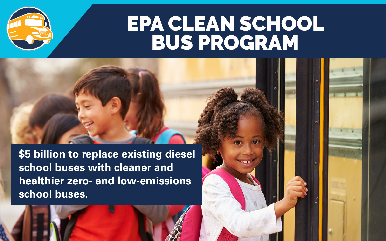 Photo of children outside a school bus door. Flyer of the EPA Clean School Bus Program