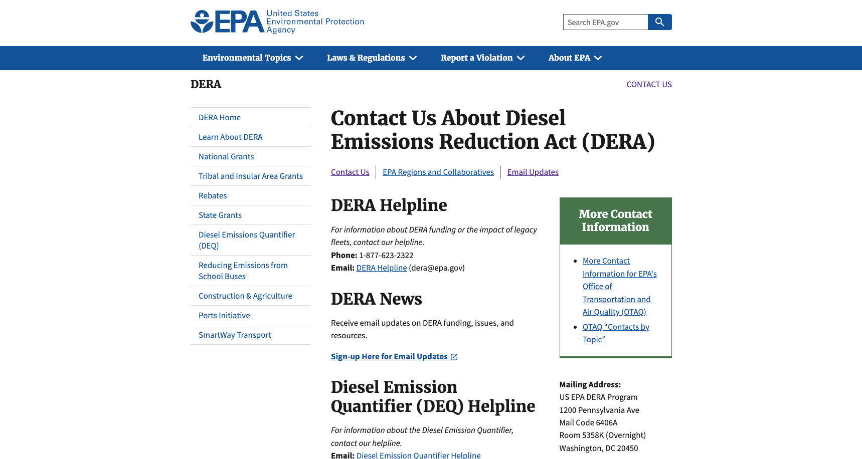 EPA webpage showing the DERA Helpline