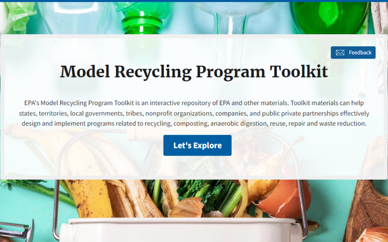 screenshot of model recycling toolkit homepage: Model Recycling Program Toolkit link on an image of compost and recycling