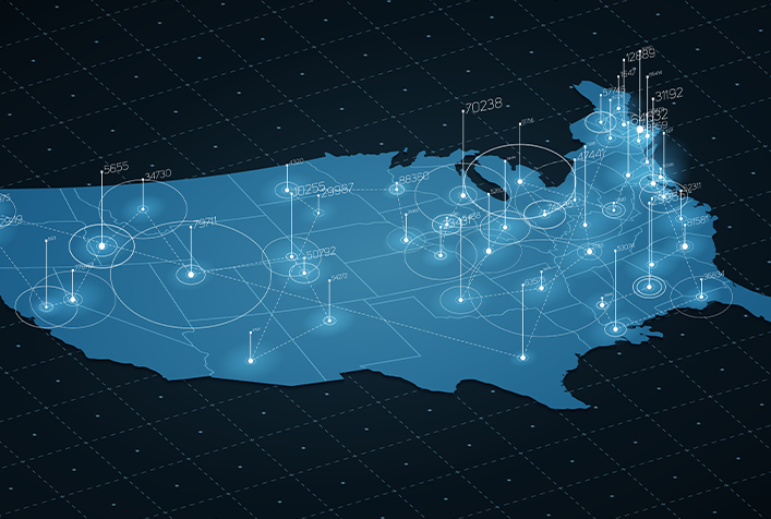 graphic shows map of the United States all in blue with white pin points indicating chemical manufacturing data