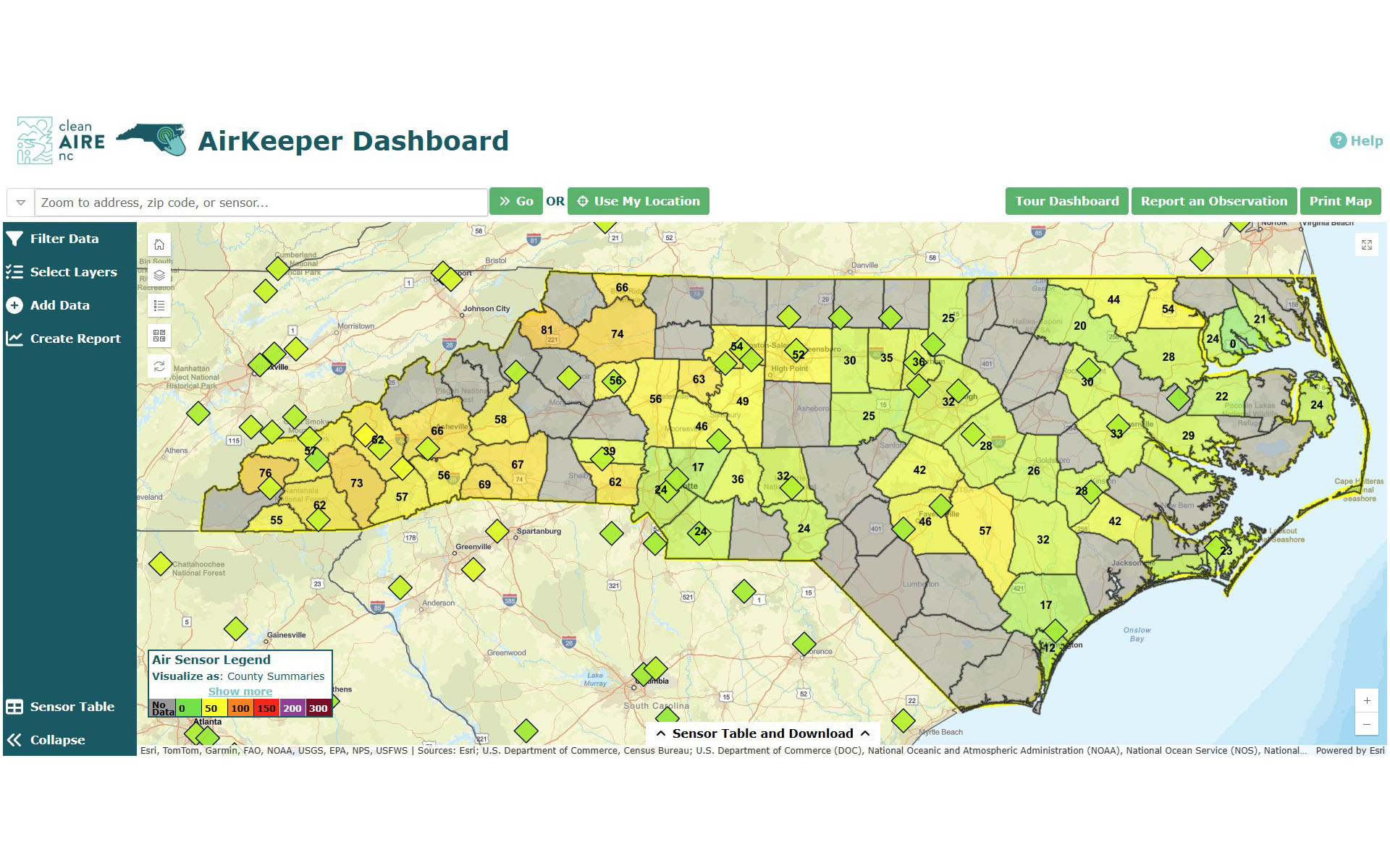 Screenshot of air quality online dashboard