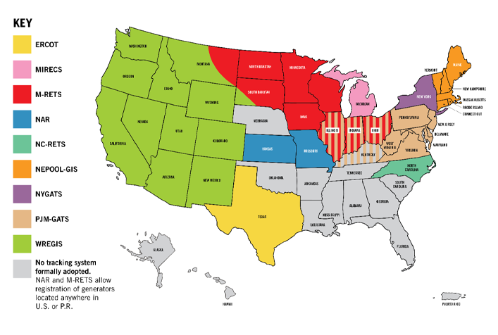 Image of map of the U.S. showing Energy Attribute Tracking