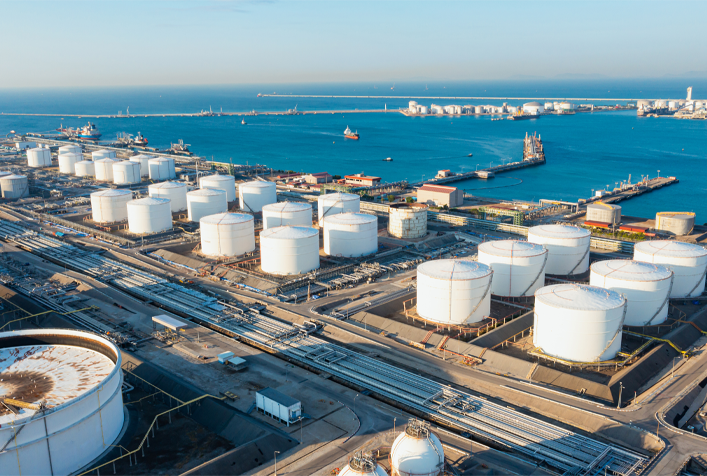 Ariel view of industrial oil storage tanks