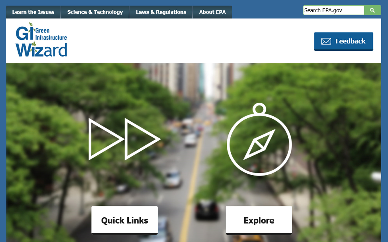 Screenshot of EPA's Green Infrastructure Wizard home page showing its "Quick Links" and "Explore" icons