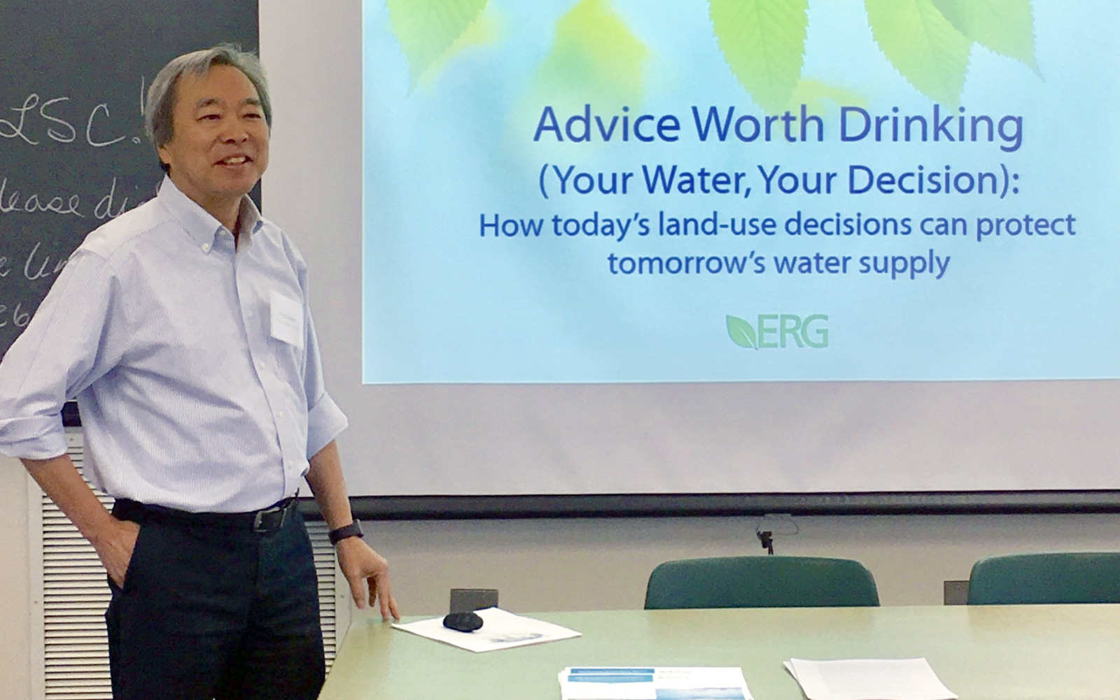 Photo of ERG’s Chi Ho Sham, making a presentation titled “Advice Worth Drinking (Your Water, Your Decision): How today’s land-use decisions can protect tomorrow’s water supply”