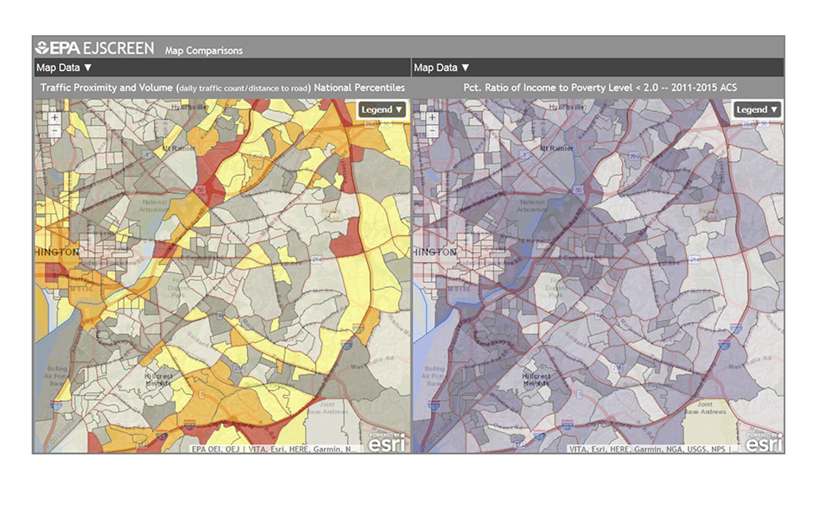 Screenshot of the EJSCREEN tool, with side-by-side maps of the same place; one highlights proximity and volume, the other highlights percent ratio of income to poverty level under 2.0