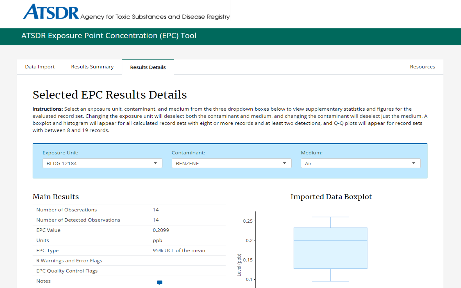 Selected EPC Results Details page of the tool